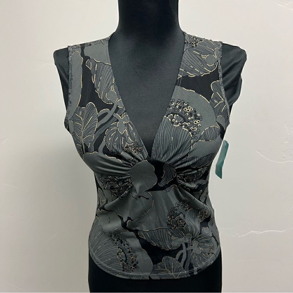 Vintage Y2K tank by forever 21 sz L NWT gray and metallic gold pattern v neck